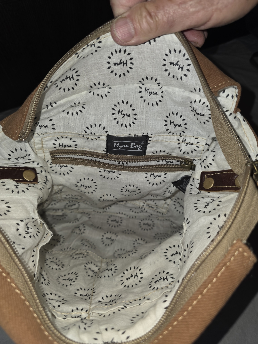 Myra Bag Tan Canvas And Brownwhite Hide Tote with Cream Lined Interior